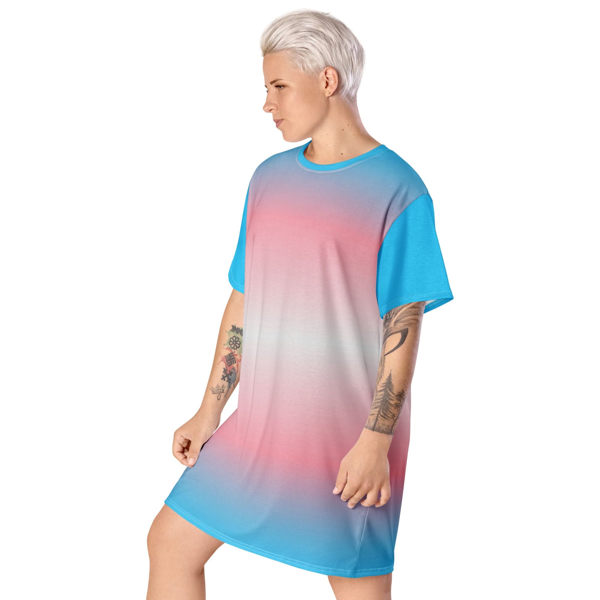 transgender dress, trans pride t shirt dress with angel wings on back, model side