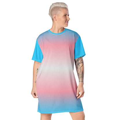 transgender dress, trans pride t shirt dress with angel wings on back, model front