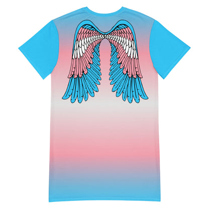 transgender dress, trans pride t shirt dress with angel wings on back, flatlay back