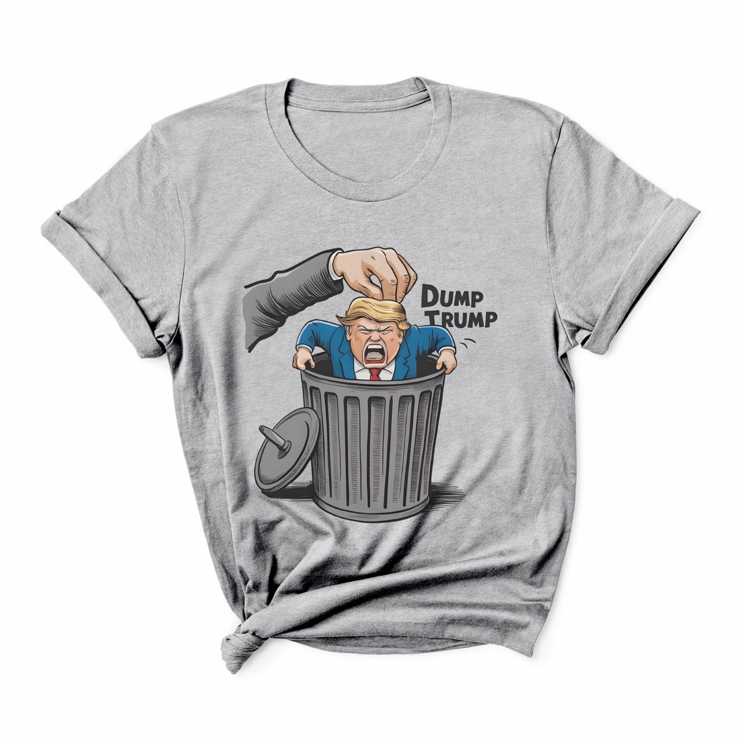 Gray t-shirt with a graphic of a hand dumping a figure labeled 'Dump Trump' into a trash bin: Anti Trump shirt, Anti Trumpism shirt, Dump Donald Trump US election 2024 tshirt, Pro Kamala Harris Walz tee,  Funny political apparel