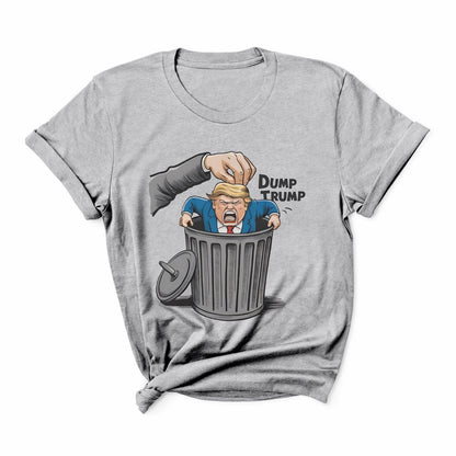 Gray t-shirt with a graphic of a hand dumping a figure labeled 'Dump Trump' into a trash bin: Anti Trump shirt, Anti Trumpism shirt, Dump Donald Trump US election 2024 tshirt, Pro Kamala Harris Walz tee,  Funny political apparel