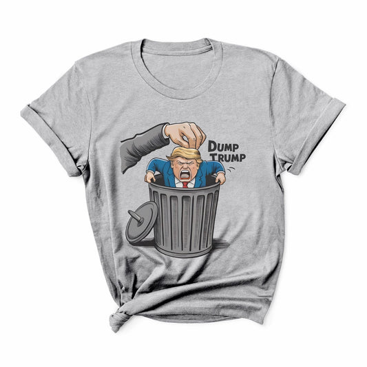 Gray t-shirt with a graphic of a hand dumping a figure labeled 'Dump Trump' into a trash bin: Anti Trump shirt, Anti Trumpism shirt, Dump Donald Trump US election 2024 tshirt, Pro Kamala Harris Walz tee,  Funny political apparel
