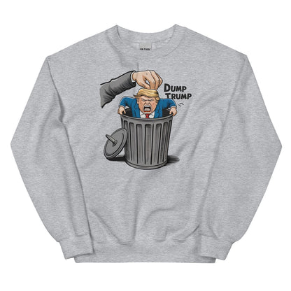 Gray sweatshirt with a graphic of a hand dumping a figure labeled 'Dump Trump' into a trash can, on a white background.
