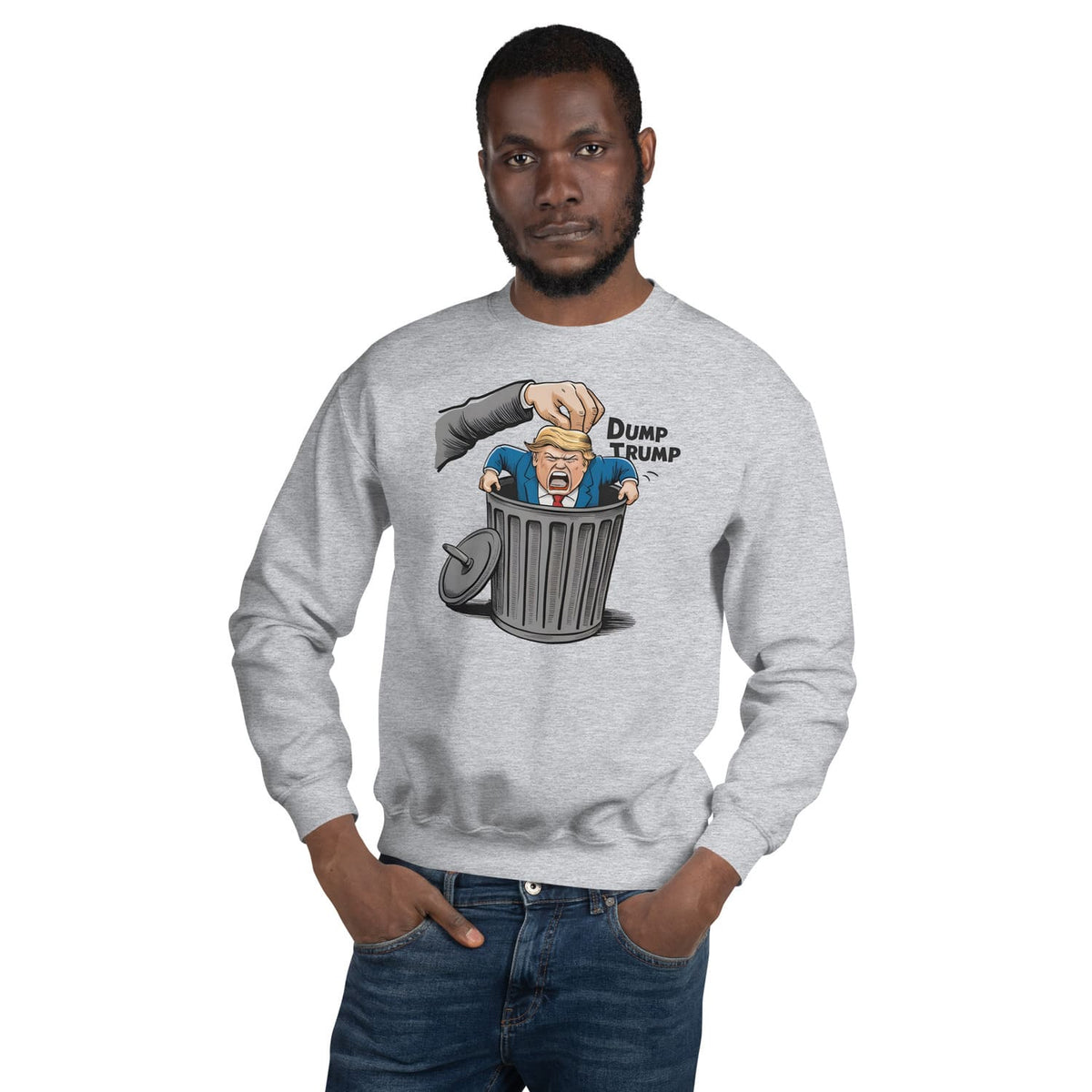 Man wearing a gray sweatshirt with a 'dump trump' graphic design on a white background