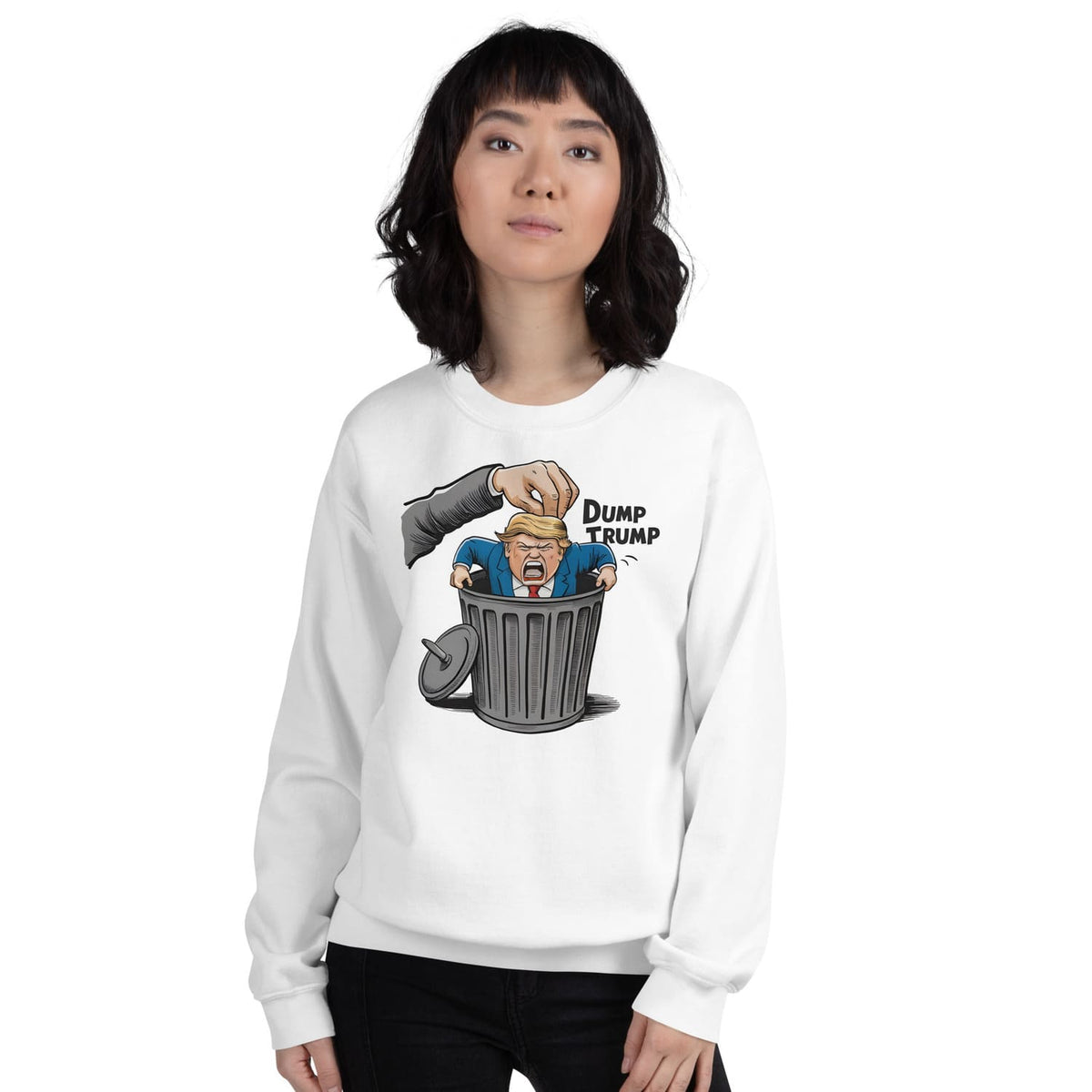 Person wearing a white sweatshirt with a 'dump trump' graphic design on a white background