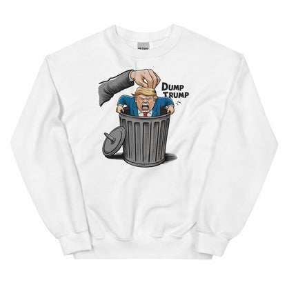 White sweatshirt with a graphic of a hand dumping a figure labeled 'Dump Trump' into a trash can.