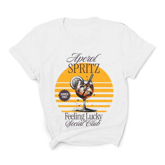 White t-shirt with Aperol Spritz graphic and 'Feeling Lucky Social Club' text on a white background: Aperol Spritz Social Club Shirt, Summer Day Drinking Tee, Cocktail Party Girls Night Out T-Shirt, Aperol Lover Gift, Bartender Outfit