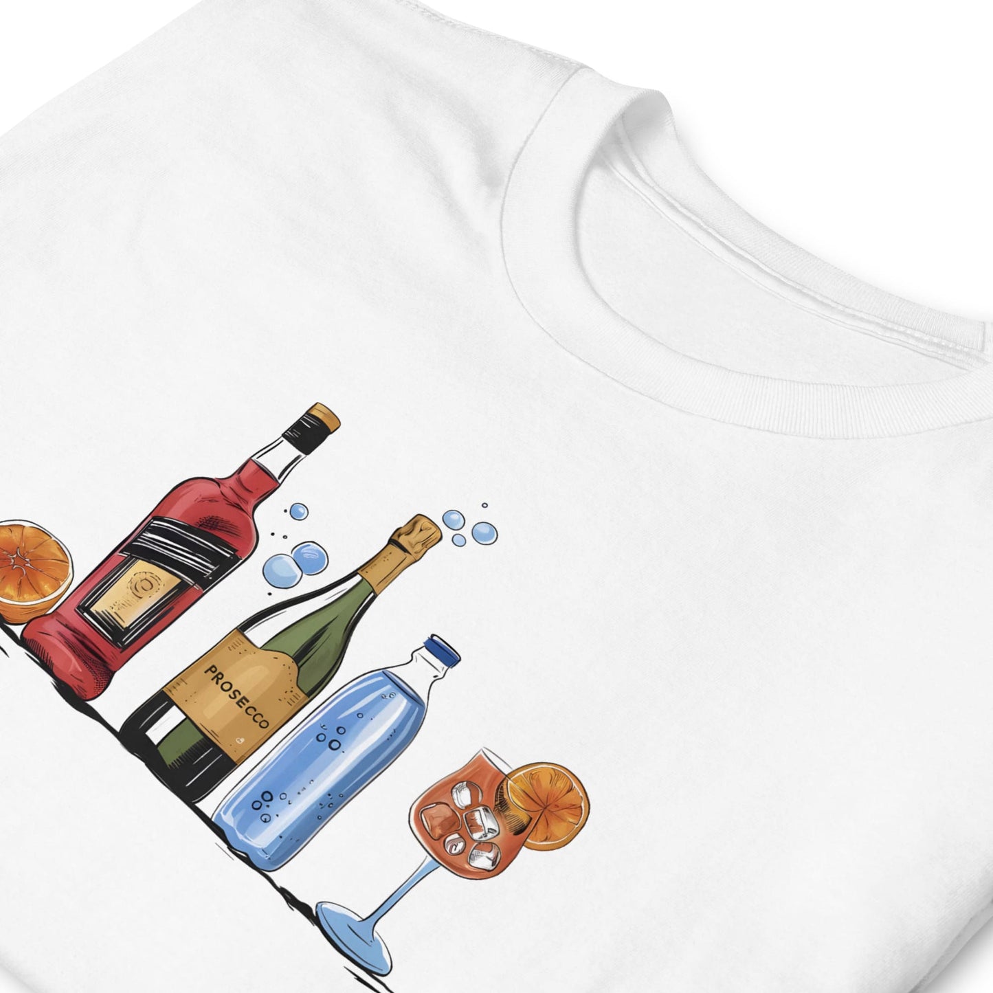 White t-shirt with colorful illustrations of wine bottles and cocktails on a white background
