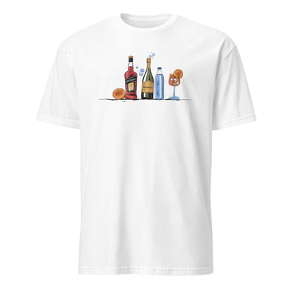 White t-shirt with a graphic of bottles and a glass on a white background