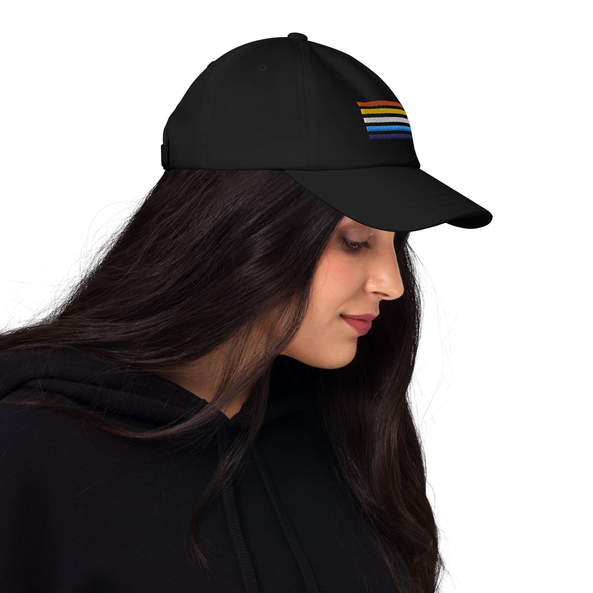 aroace hat, aro ace pride embroidered cap, model side