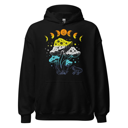 Black hoodie with an aroace cottagecore design on a white background