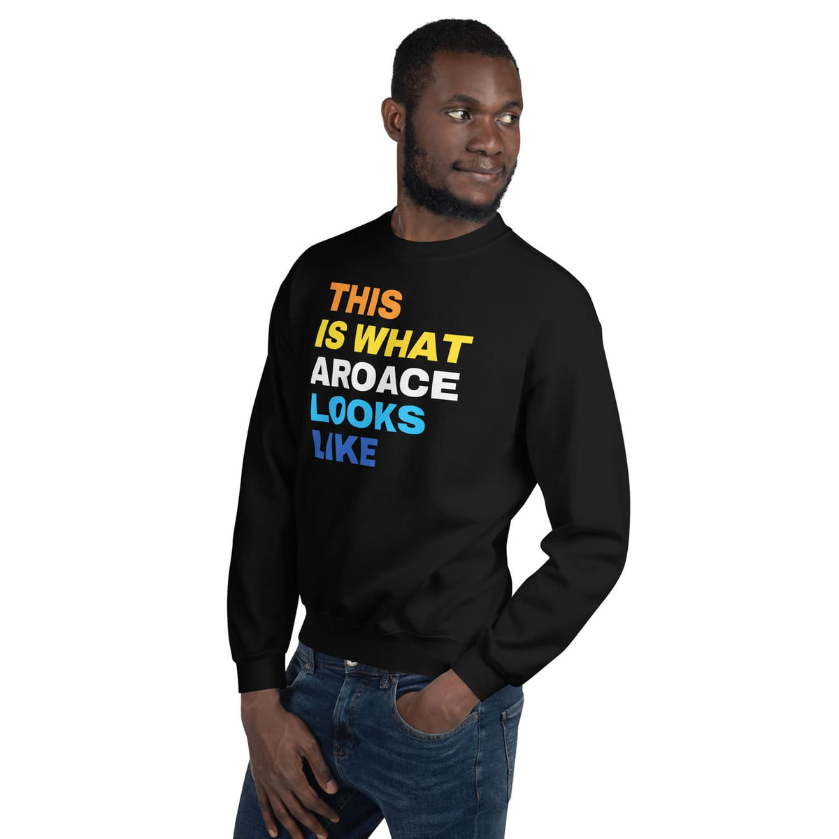 men wearing aroace sweatshirt in black