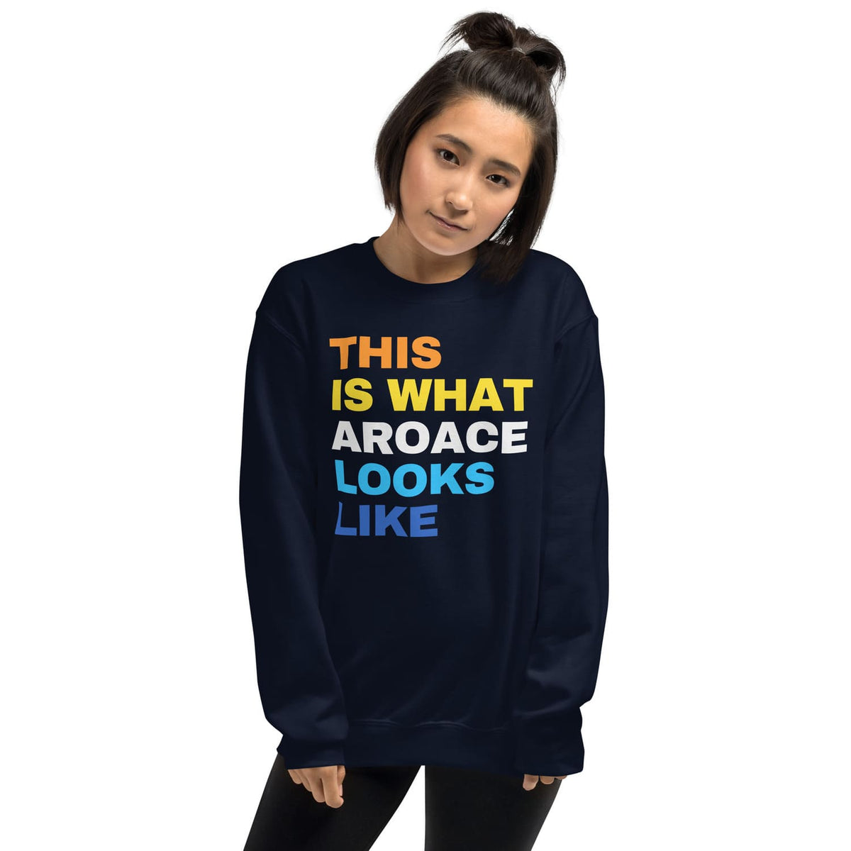 woman wearing aroace sweatshirt in navy