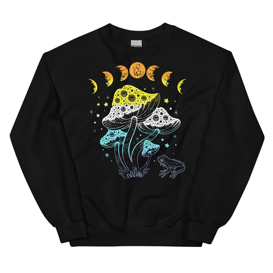Aroace sweatshirt with mushroom and moon design on a white background