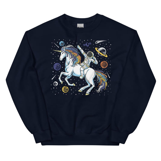 Navy blue sweatshirt with an aroace astronaut riding a unicorn design on a white background
