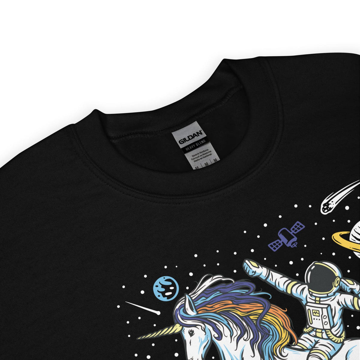 Black aroace sweatshirt with an astronaut riding a unicorn in space design, featuring Gildan label.