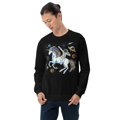 Person wearing a black aroace sweatshirt with a colorful graphic design on a white background