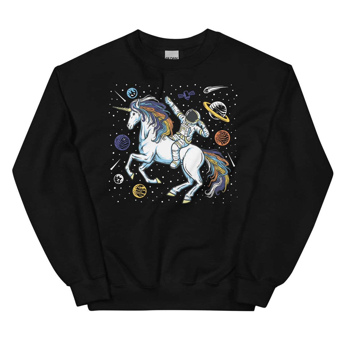 Black sweatshirt with an aroace unicorn and astronaut design on a white background