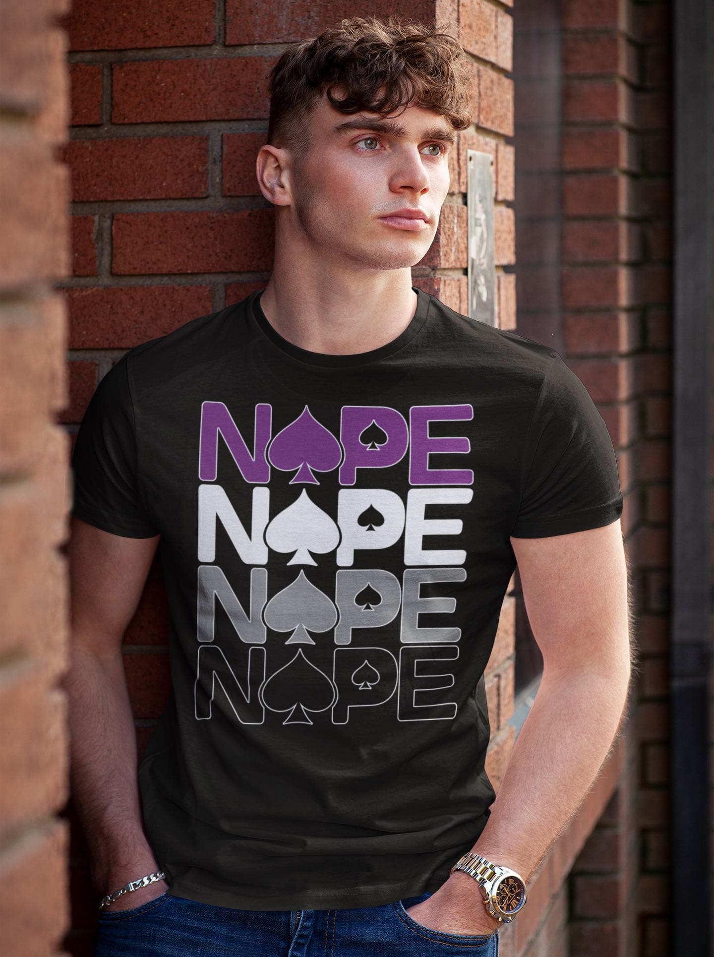 funny asexual shirt, nope ace of spades, in use