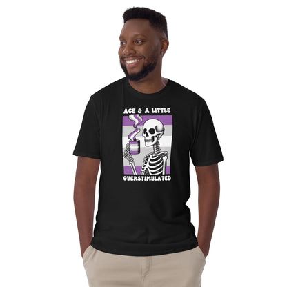 Man wearing a black t-shirt with a skeleton design and text on a white background: Asexual Anxiety Shirt, Overstimulated Tee, Mental Health T-Shirt, Ace Pride Skeleton Shirt, Sarcastic Neurospicy Gift For Aroace