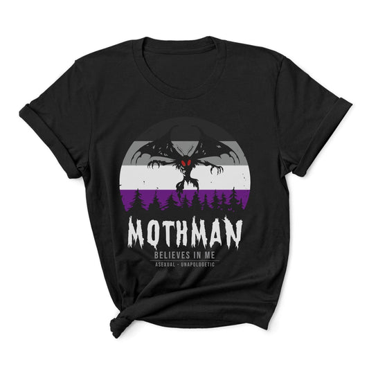 Black t-shirt with Mothman graphic and text on a white background: Asexual Mothman Shirt, Ace Pride Cryptid Folklore Tee, Queer Mythology Legend Cryptozoology Tshirt, Cryptidcore Weirdcore Gift For LGBT