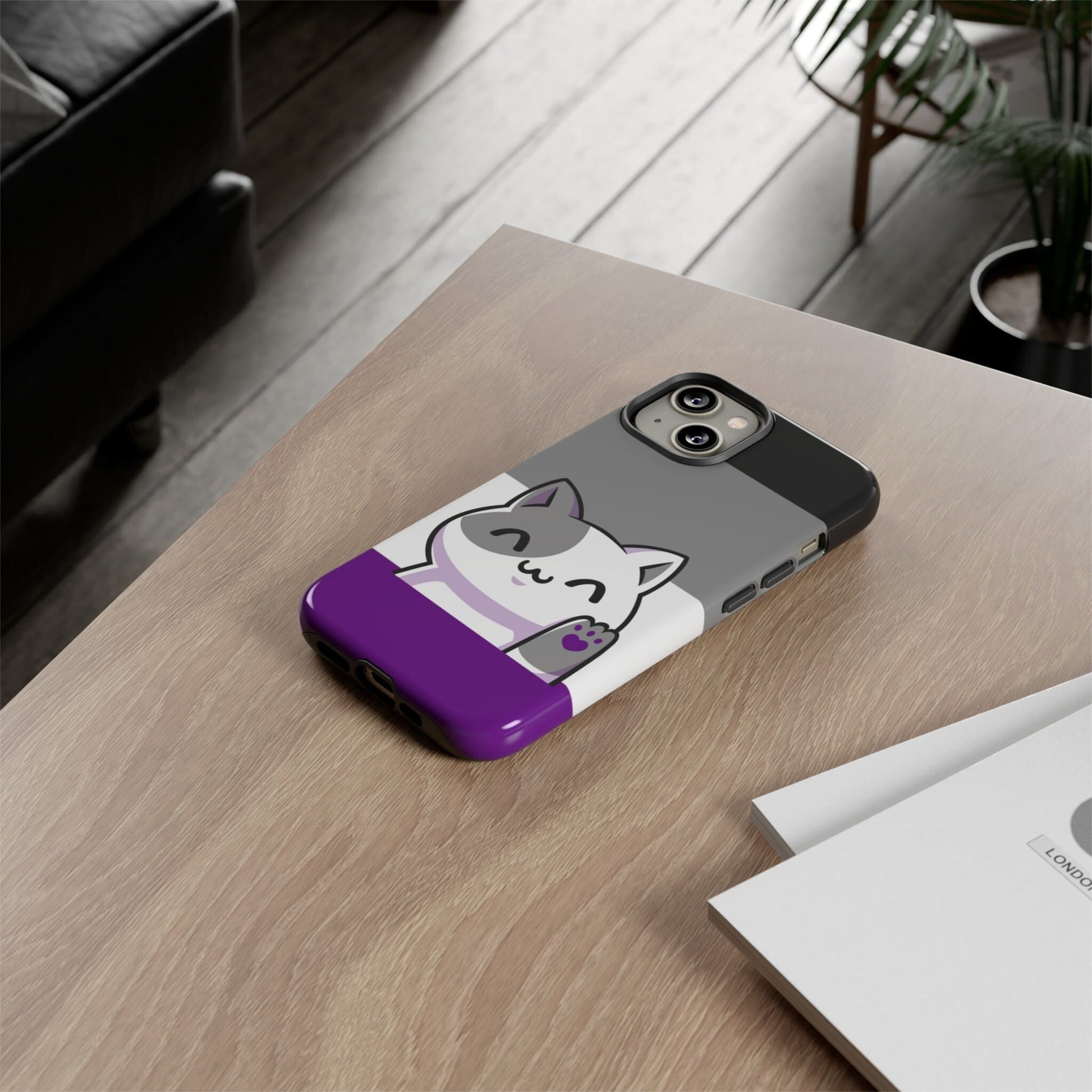 asexual phone case kawaii cat, on table