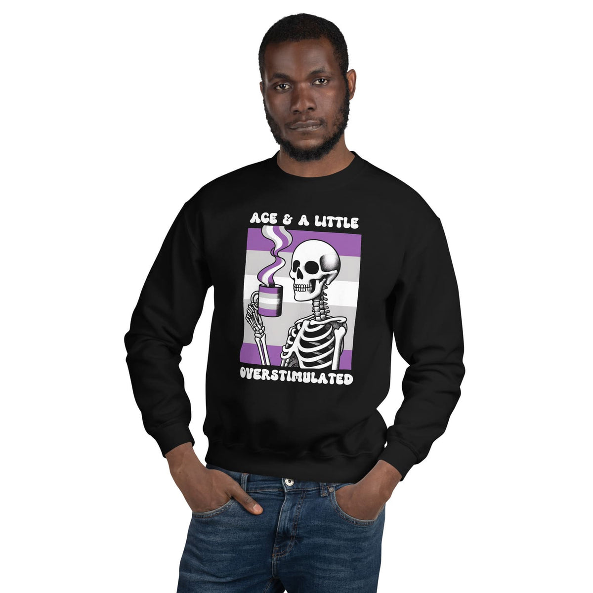 Man wearing a black asexual anxiety sweatshirt with a skeleton design and text on a white background
