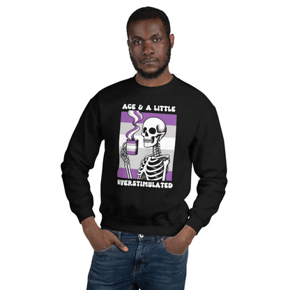 Man wearing a black asexual anxiety sweatshirt with a skeleton design and text on a white background