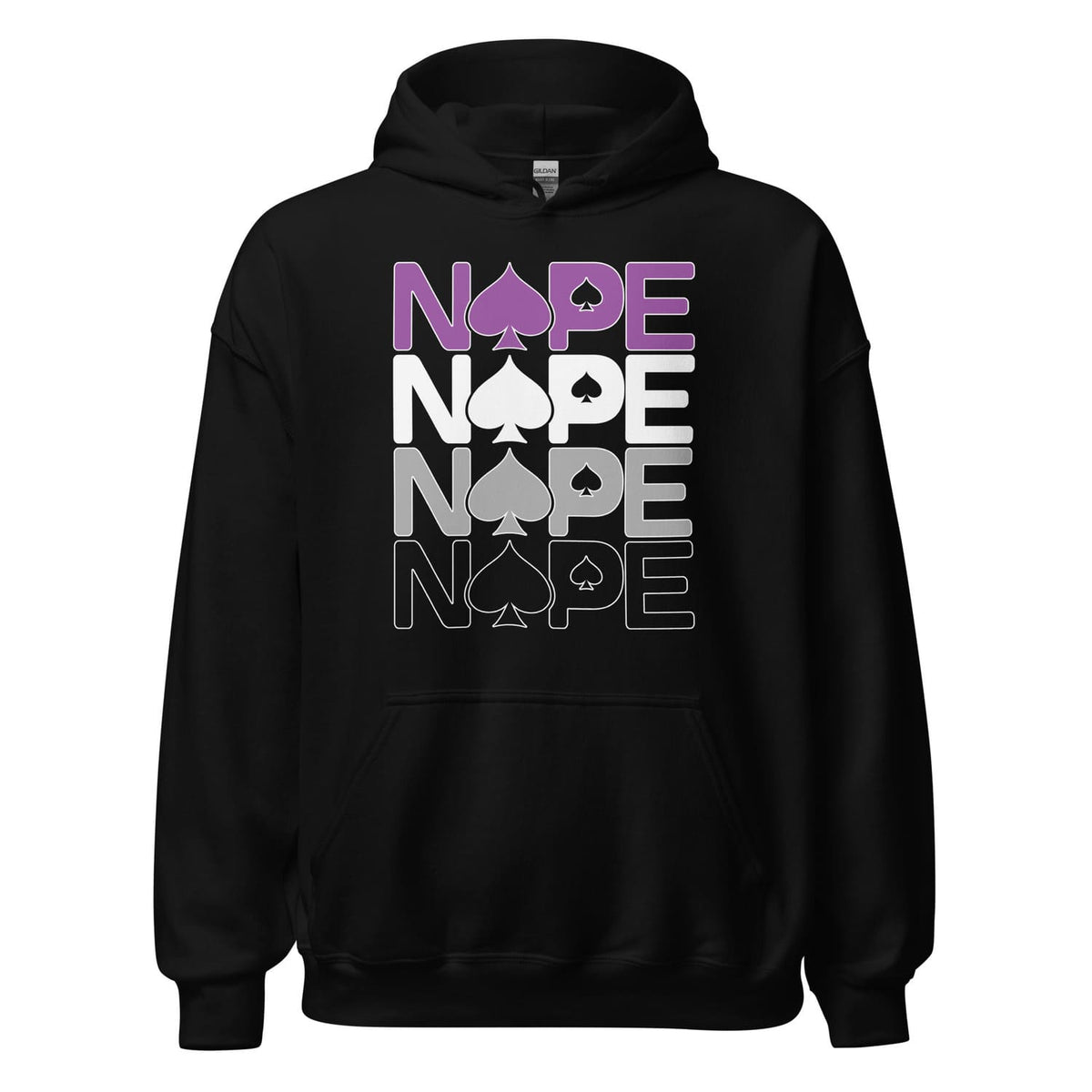 Black asexual ace of spades hoodie with 'NOPE' text design on a white background