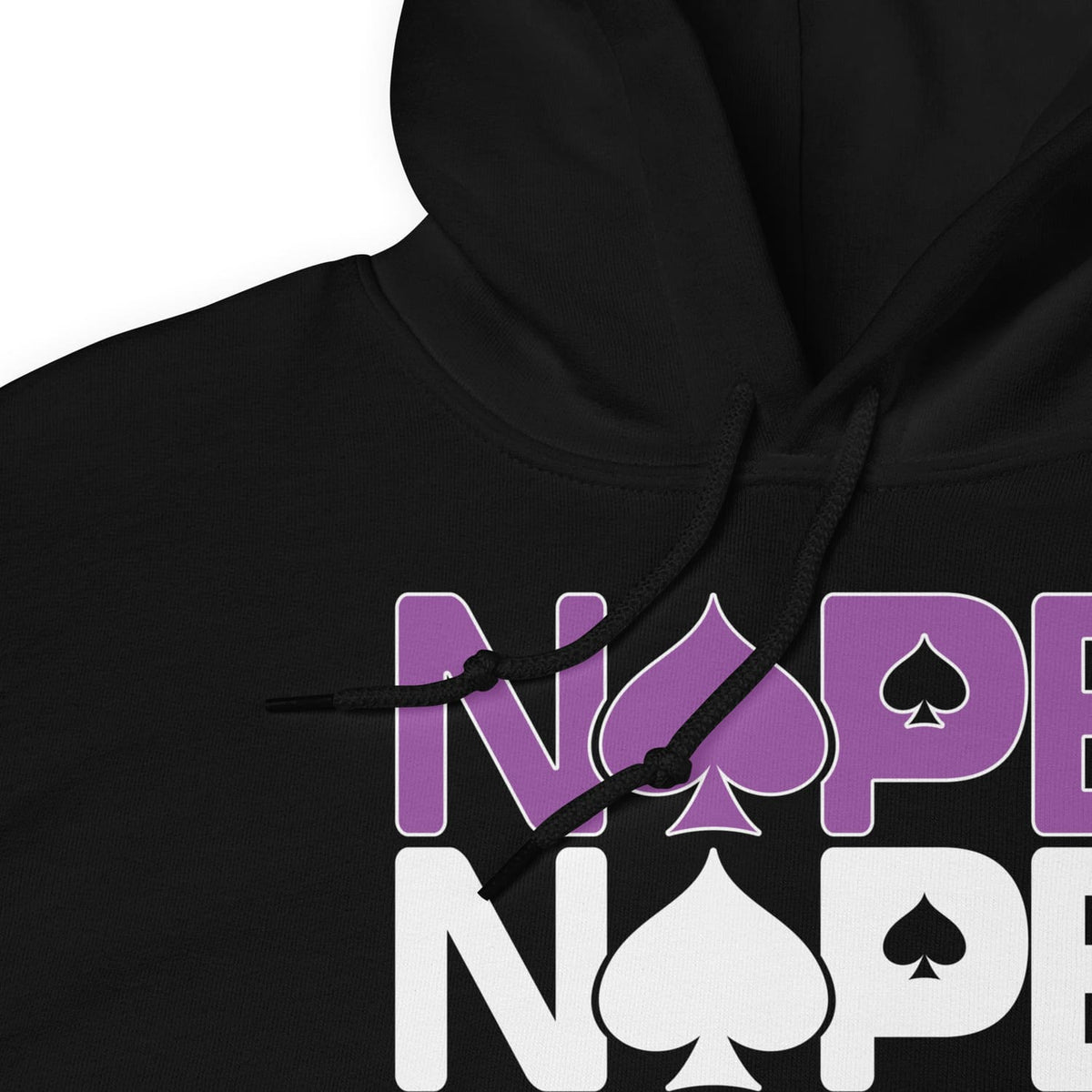 Black asexual ace of spades hoodie with 'NOPE' design on a white background