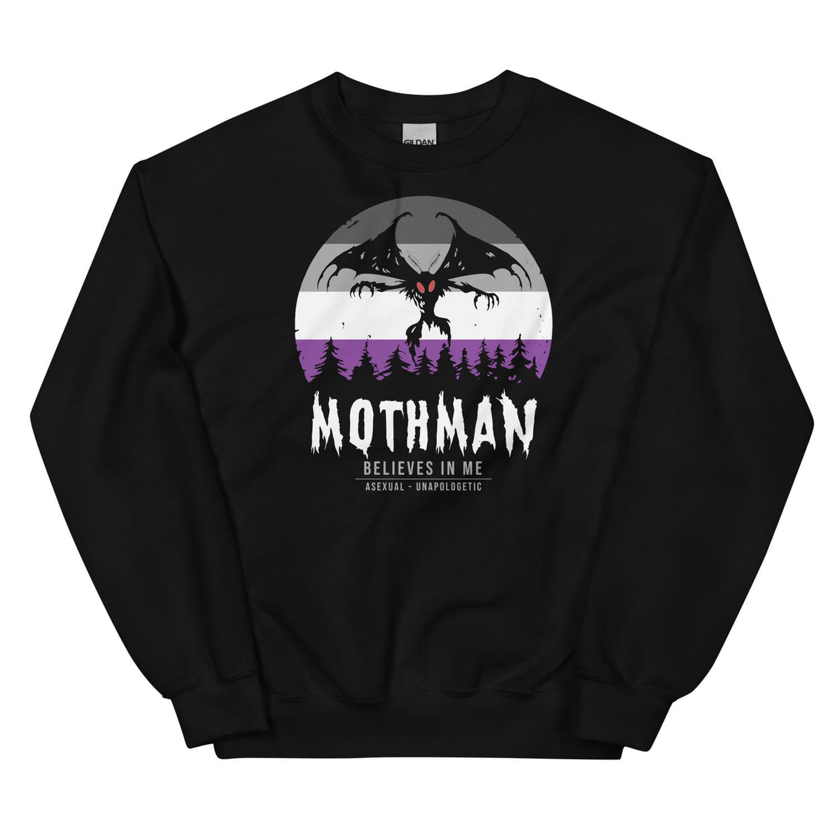 Black asexual sweatshirt with Mothman graphic and text on a white background