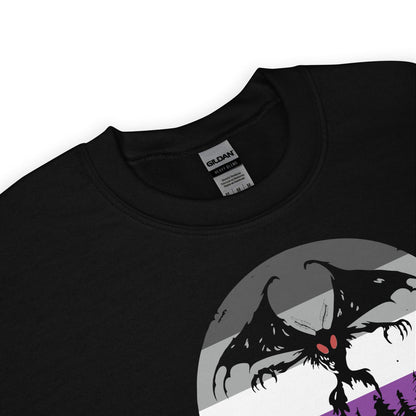 Black asexual sweatshirt with a graphic design of mothman on a white background