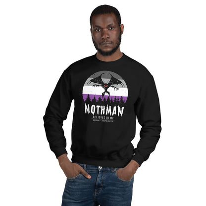 Man wearing a black asexual sweatshirt with 'Mothman' graphic design on a white background