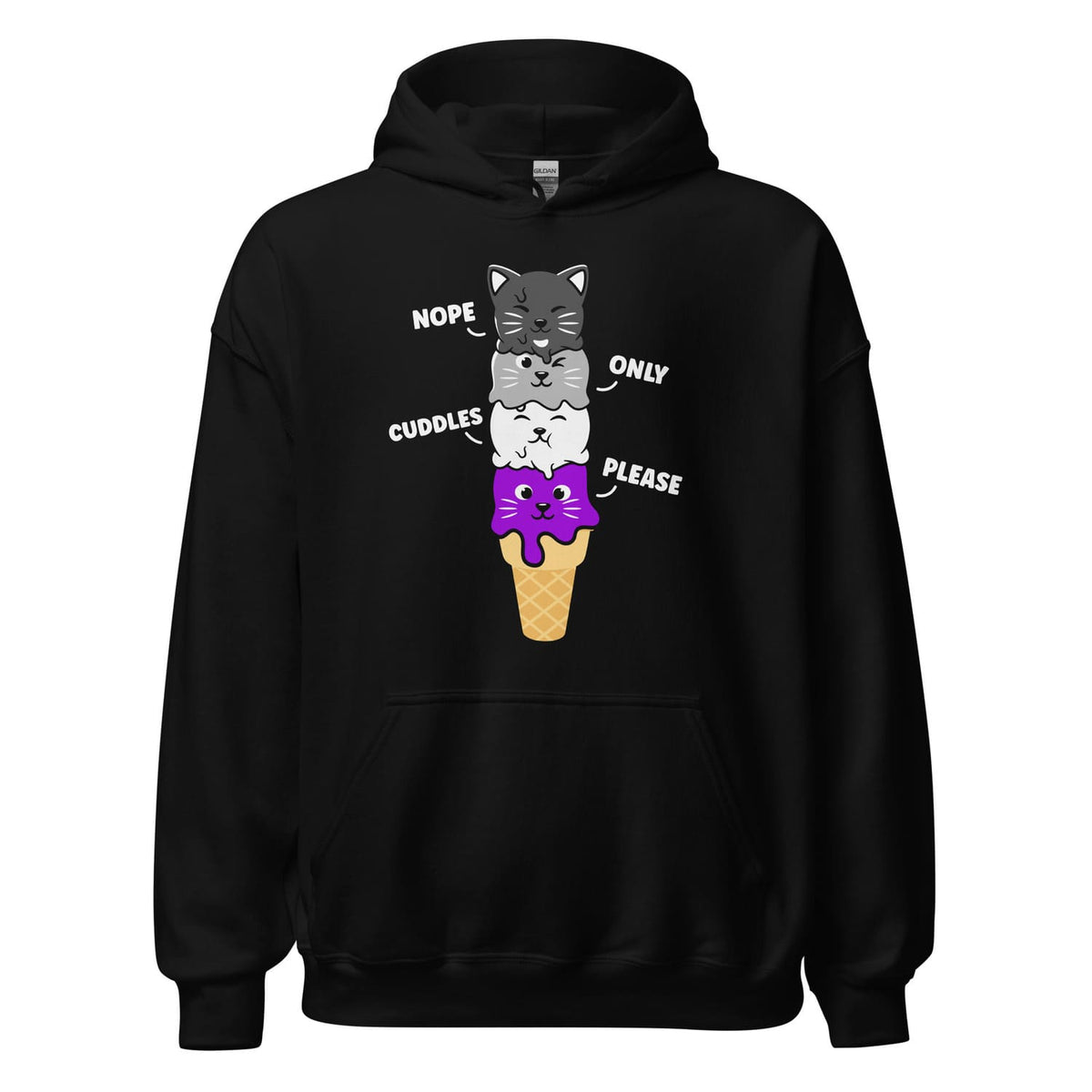 Black kawaii asexual hoodie with cartoon cat design and text on a white background