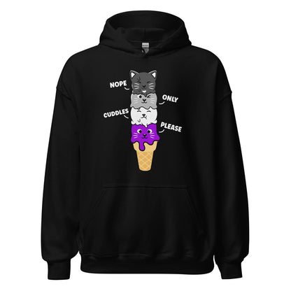 Black kawaii asexual hoodie with cartoon cat design and text on a white background