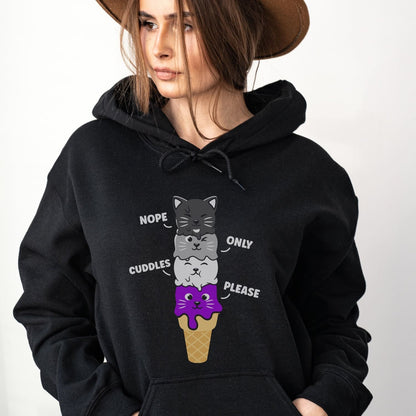Person wearing a black kawaii asexual hoodie with cat-themed design and text.
