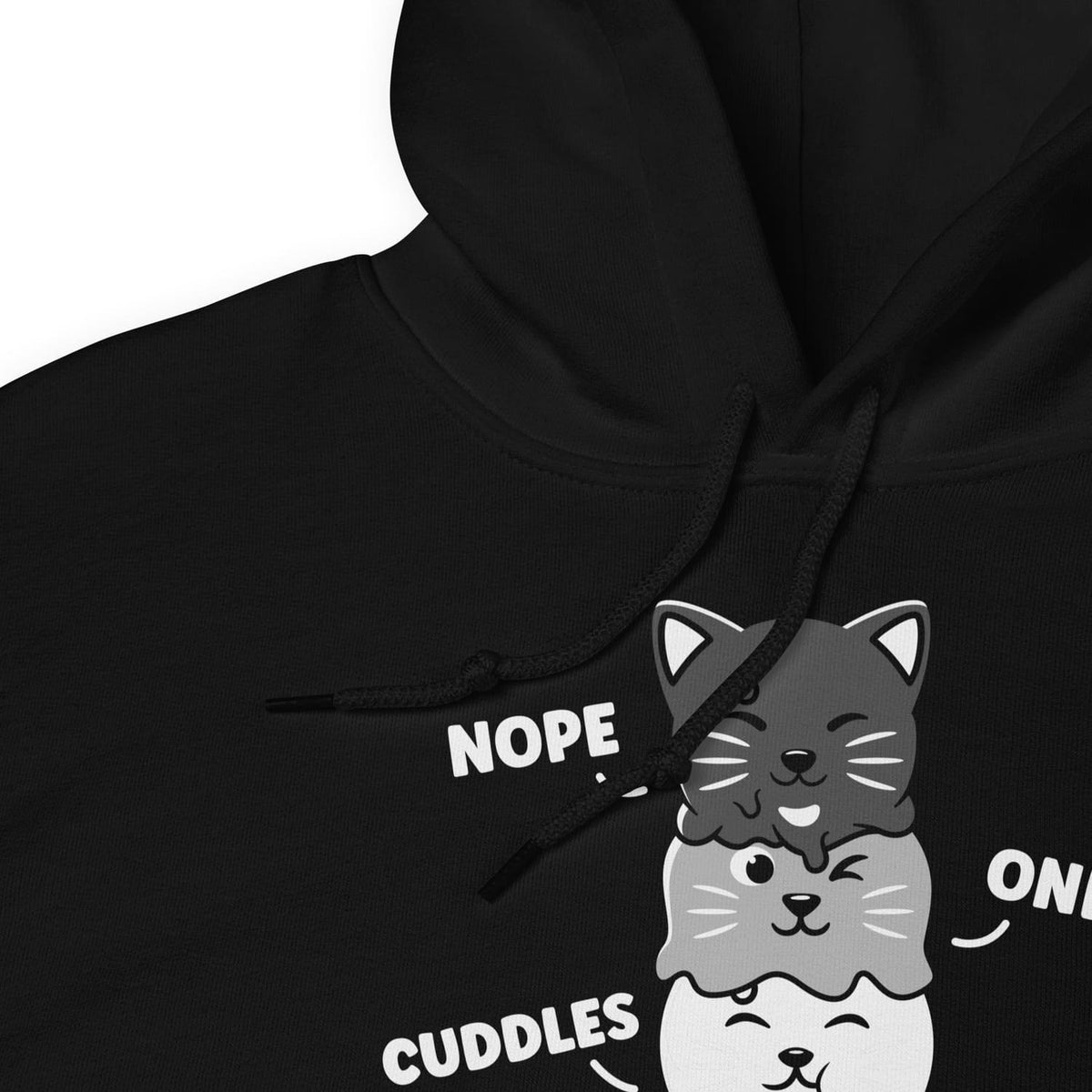 Black kawaii asexual hoodie with cat graphic and text 'NOPE, ONLY CUDDLES' on a white background