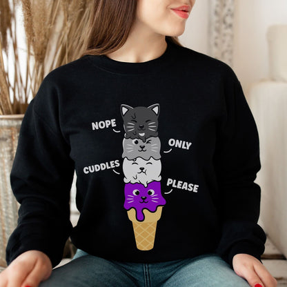 Person wearing asexual black sweatshirt with cat-themed graphics and text.