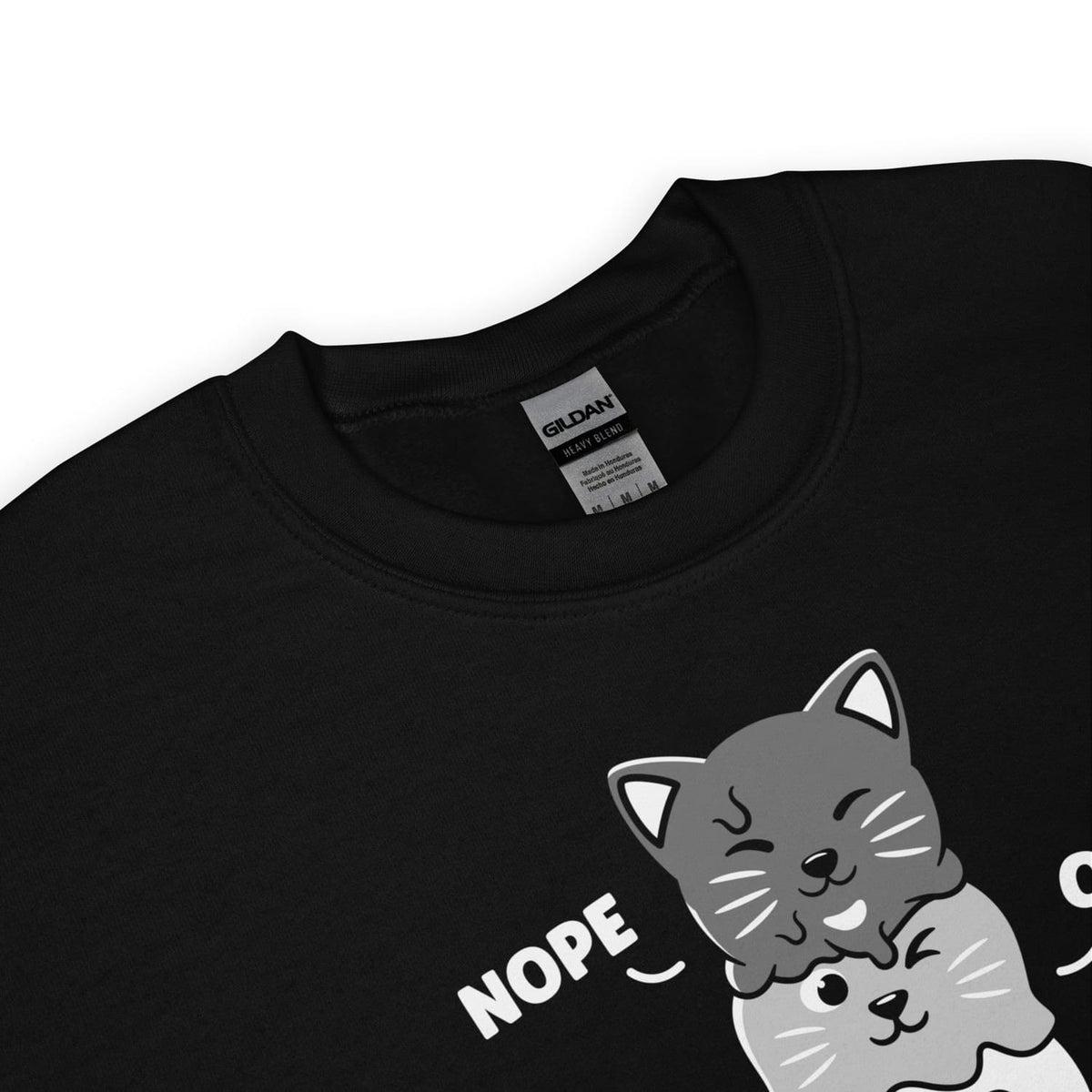 detail of asexual sweatshirt with cartoon cats , brand label visible