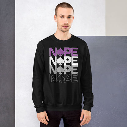 Man wearing an ace of spades sweatshirt with 'NOPE' graphic design against a gray background