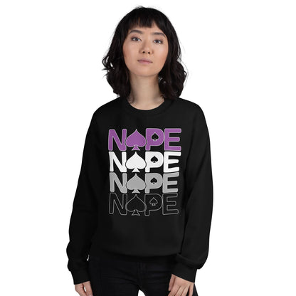 Person wearing a black asexual sweatshirt with 'NOPE' printed in purple and gray.