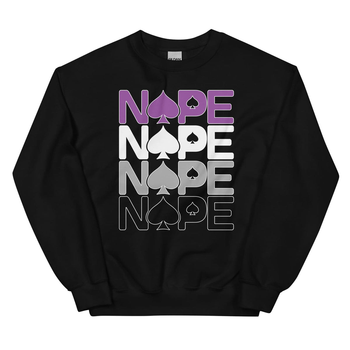 Asexual sweatshirt with 'NOPE' graphic design on a white background