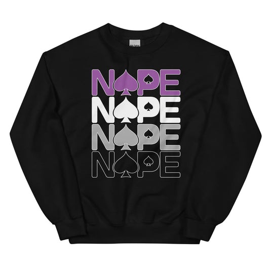 Asexual sweatshirt with 'NOPE' graphic design on a white background