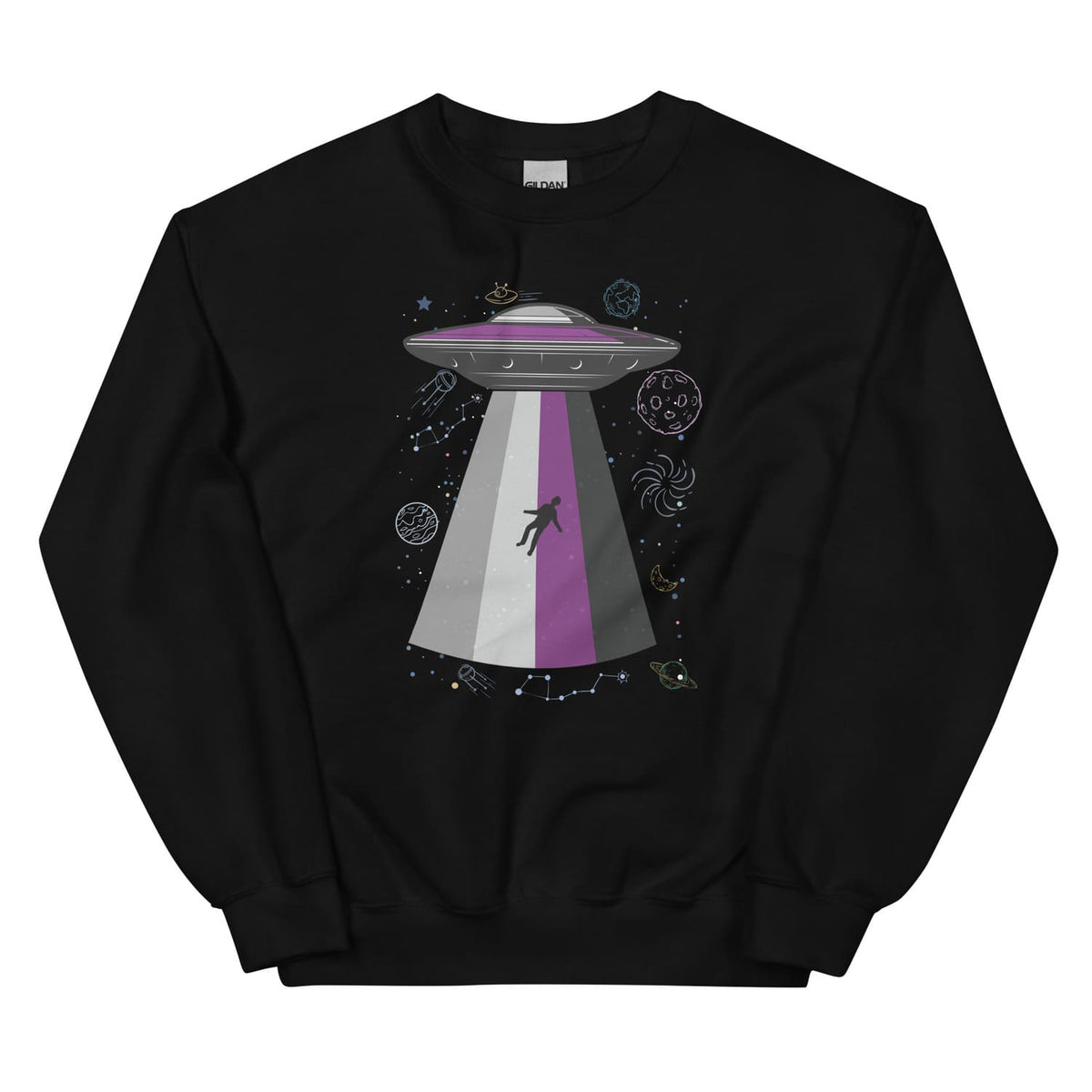Black asexual sweatshirt with a UFO and alien design on a white background