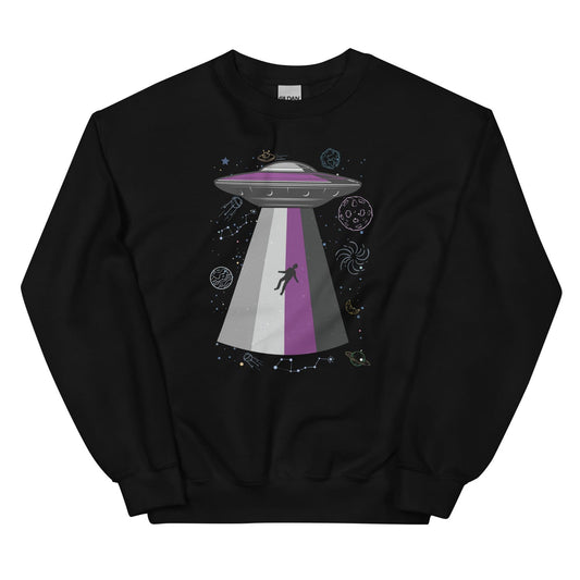 Black asexual sweatshirt with a UFO and alien design on a white background