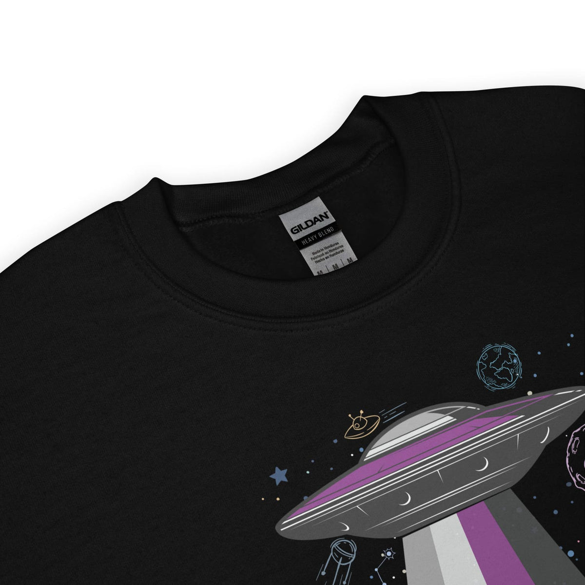 Black ace pride sweatshirt detail with a purple UFO design on a white background