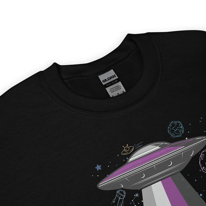 Black ace pride sweatshirt detail with a purple UFO design on a white background