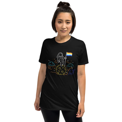 aroace shirt, astronaut planting aro ace flag on the moon, female model