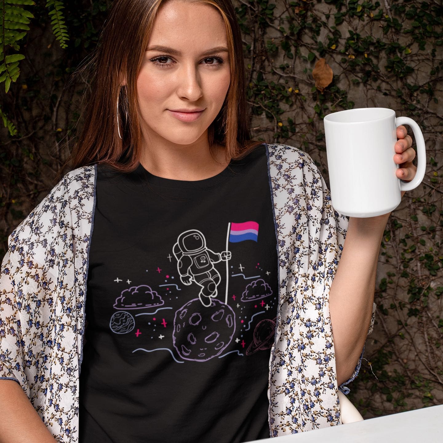 bisexual shirt, astronaut planting bi pride flag on moon, in use