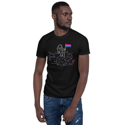 bisexual shirt, astronaut planting bi pride flag on moon, black model